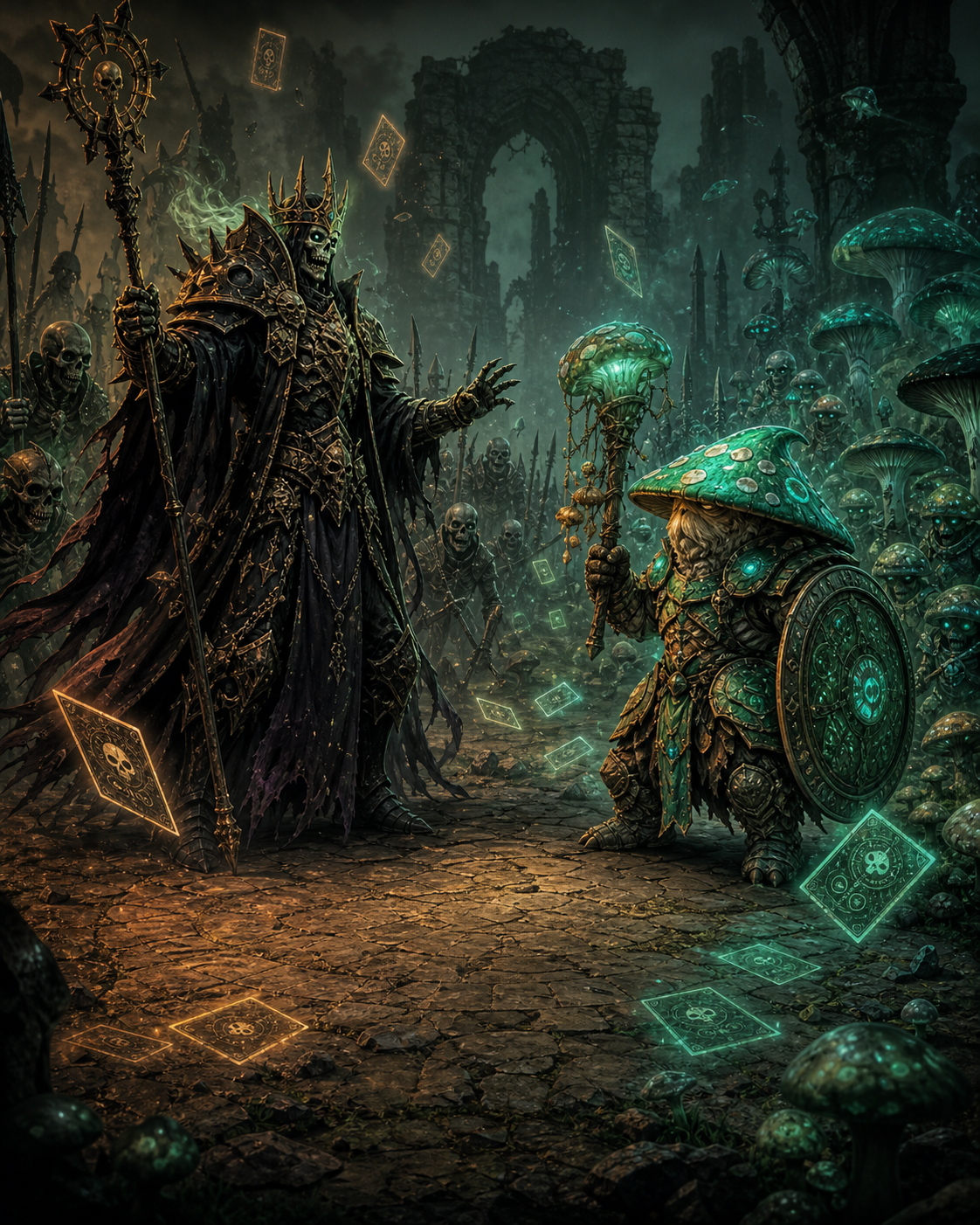 An undead commander confronting a mushroom guardian